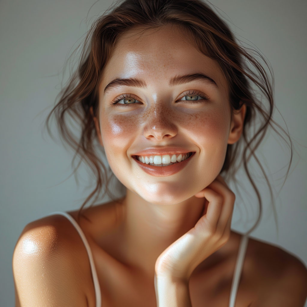 A young girl with radiant healthy skin in an advertising photo for a brand of care cosmetics made from natural ingredients.
